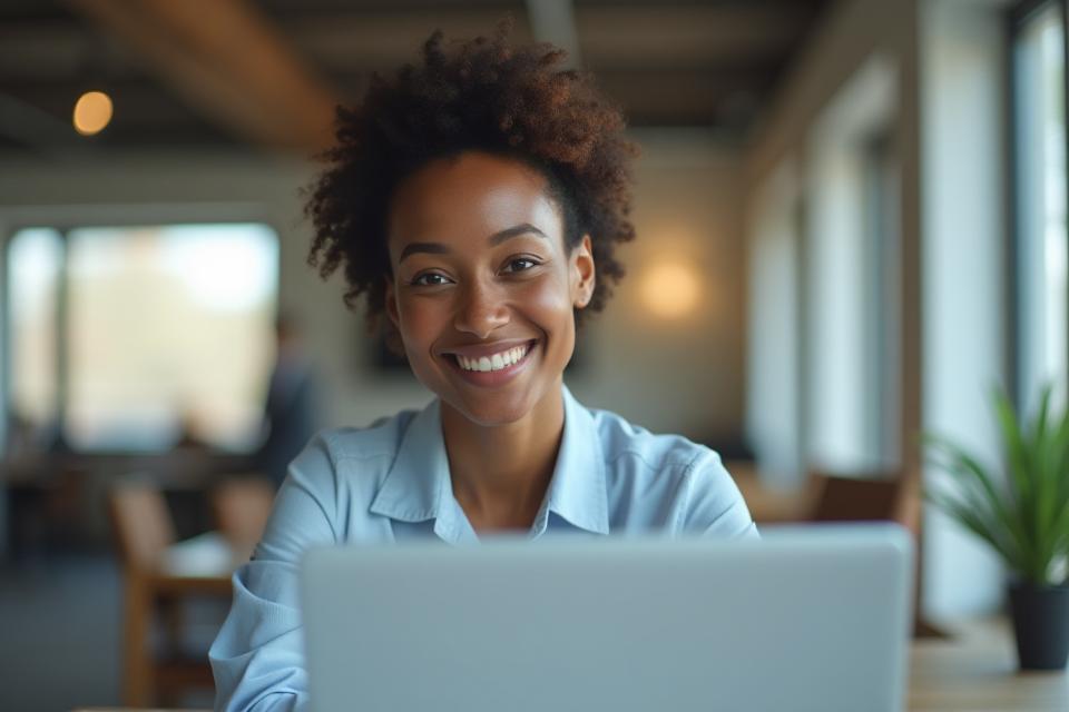 Professional person in a modern office setting, smiling while looking at a screen.