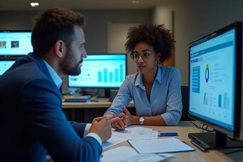 Two people reviewing data charts related to assessment